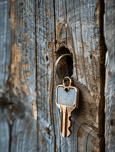 钥匙孔摄影照片_木门钥匙孔内带有家用钥匙圈的房屋钥匙