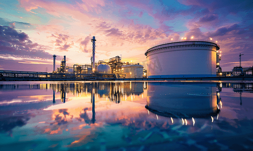 工业摄影照片_炼油厂基地工业厂房反映水的大型工业油罐