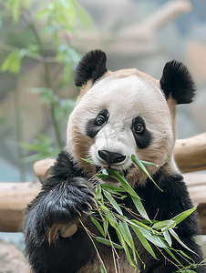 可爱的大熊猫正在吃竹子的绿芽