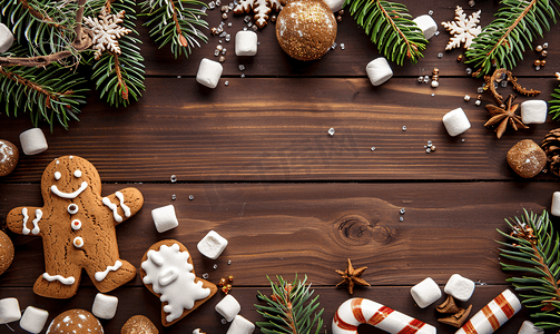 圣诞木制背景配有树枝姜饼和棉花糖