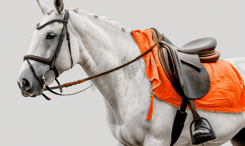 马鞍形图标摄影照片_马背上的马鞍白马上的黑色马鞍动物背上的橙色斗篷