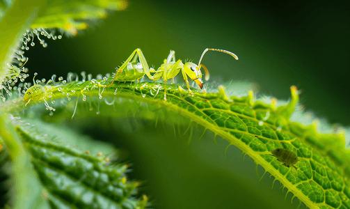 蚂蚁在核桃树叶子上照料一只蚜虫