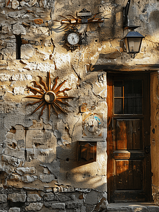 墙壁花卉摄影照片_带太阳钟的中世纪房屋墙壁