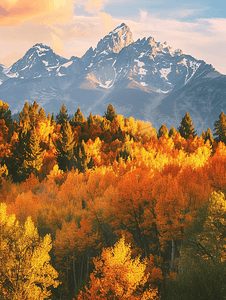 美容美体文化墙摄影照片_大提顿山脉的傍晚日落充满了秋天的色彩