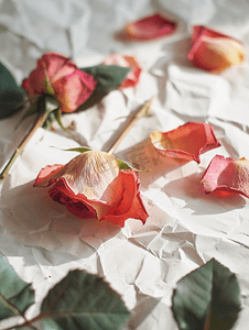 将干玫瑰花瓣压在白纸复古色调上