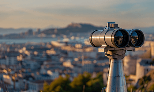 望远镜观星插画摄影照片_法国马赛一座小山上的观景台配有双筒望远镜