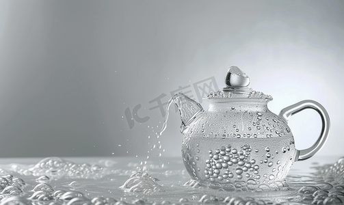 透明球球摄影照片_玻璃水壶中沸水的气泡