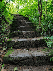森林深处潮湿的旧楼梯攀爬台阶