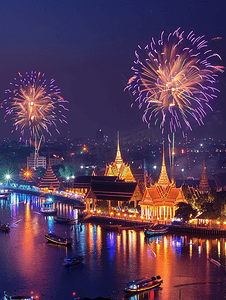 璀璨之夜摄影照片_泰国彭世洛海滨灯火璀璨的烟花