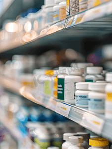 药房药店货架上药品和维生素产品模糊抽象背景