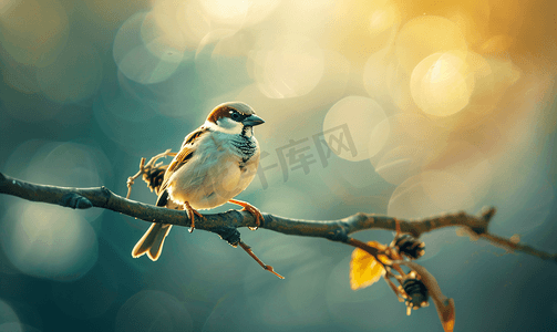 坐在树枝上摄影照片_一只可爱的麻雀坐在树枝上美丽的柔和模糊背景