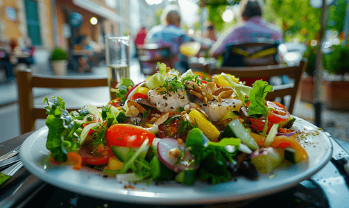 海鲜鱼肉摄影照片_斯特拉斯堡露天咖啡馆的鱼肉大沙拉