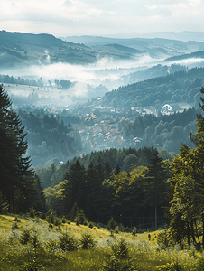 从山上看城镇的森林草地和山谷的薄雾