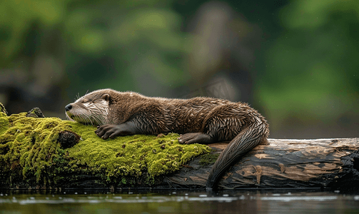 大暑快乐摄影照片_水獭以可爱的姿势睡在木头上