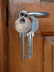 门锁摄影照片_门锁孔中的一串钢钥匙