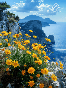 背景为意大利卡普里岛海岸的黄色花朵