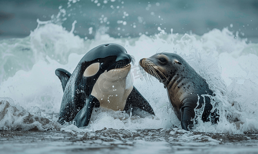 游泳培训班摄影照片_逆戟鲸在海滩上攻击海豹海狮
