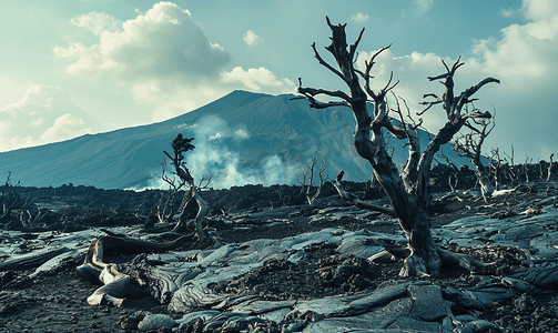 埃特纳火山硬化熔岩流中的干枯树木