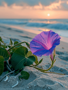 绿色藤蔓花摄影照片_粉红紫色牵牛花山羊脚匍匐海滩花墨西哥