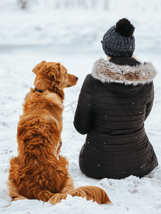 棕色狗坐在靠近主人的雪地上的后视图