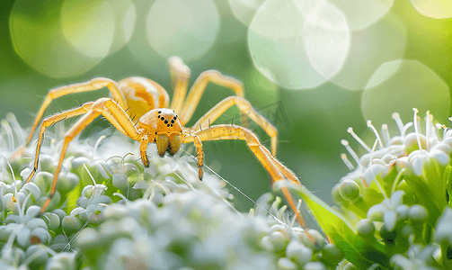 十字蜘蛛沿着蜘蛛丝爬到植物上是昆虫中有用的猎手