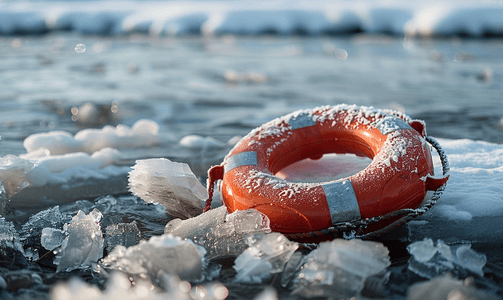泳救生圈摄影照片_冰冻河冰上的救生圈
