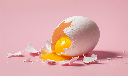 这是粉红色背景上破裂的鸡蛋的照片