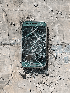 碎屏摄影照片_水泥地板背景上手机屏幕碎玻璃