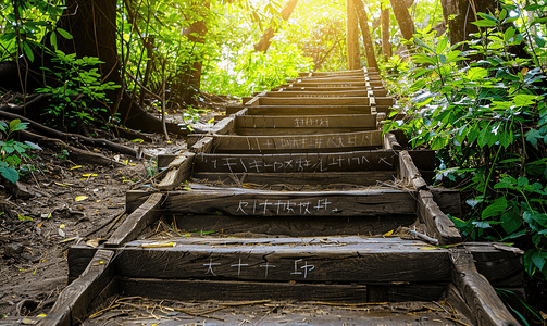 绿色通道摄影照片_森林深处的木楼梯攀登台阶