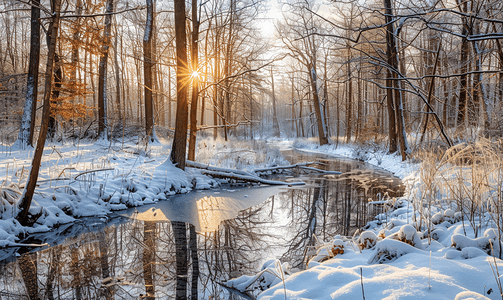 冬季景观森林空洞充满阳光