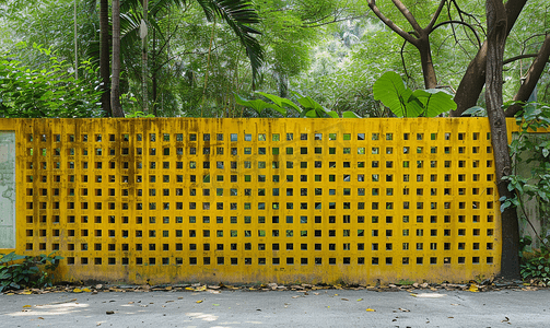 森林花园中带钢格栅的黄色混凝土墙栅
