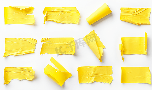 插图食品摄影照片_白色背景上的一组黄色胶带黄色胶带撕破的粘合片