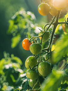 花园灌木丛中未成熟的番茄果实