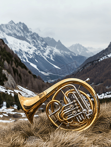 山山摄影照片_在阿尔卑斯山山谷前吹奏阿尔卑斯号角