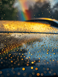 雨下的森林摄影照片_雨滴笼罩下的车顶上可见彩虹