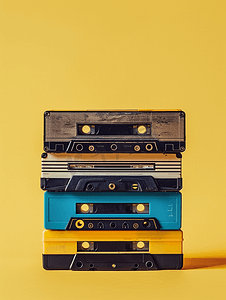 一叠旧的复古磁带磁带末端显示在黄色背景上