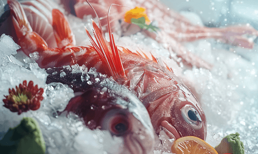海鲜小果饼摄影照片_冰冻生鱼和海鲜