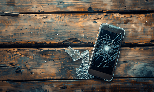 木质背景上手机屏幕碎玻璃