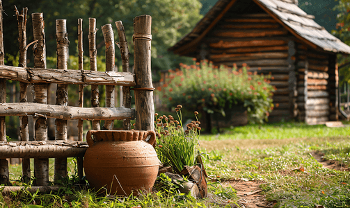 栏杆篱笆摄影照片_带旧陶罐和木屋的荆条栏