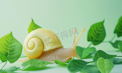 可爱的粘液蜗牛和绿叶