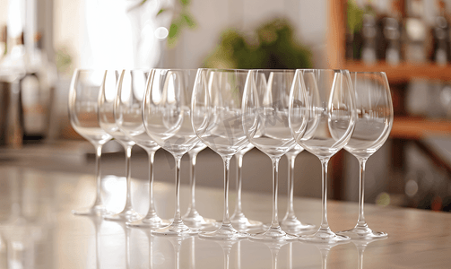 餐饮设计摄影照片_一排排空酒杯特写桌上的玻璃高脚杯餐厅酒吧概念