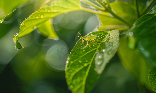 蚂蚁在核桃树叶子上照料一只蚜虫