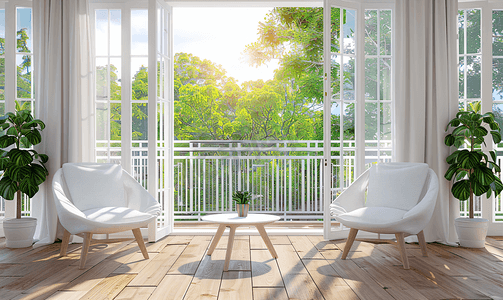 梦想家具摄影照片_开放式阳台露台配有两把白色椅子和一张靠窗的桌子