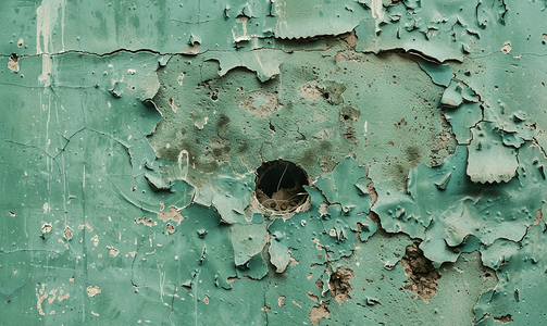 一堵有洞和裂缝的绿色破损抹灰墙