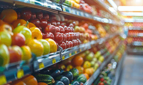 超市杂货店货架上的水果和蔬菜模糊背景