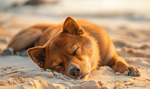 小红书边框摄影照片_海滩上睡眼惺忪的小红鸭狗