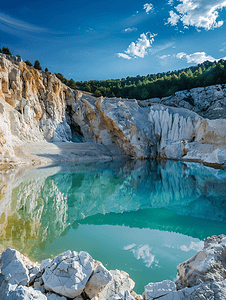 绿色矿山摄影照片_该湖是在前白垩采石场的旧址上形成的