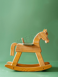 动物玩具背景摄影照片_绿色背景上木制摇马