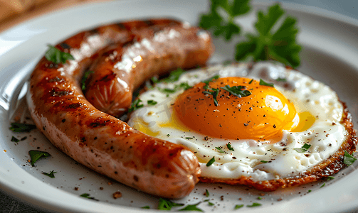 香肠鸡蛋摄影照片_早餐与煎鸡蛋香肠分离