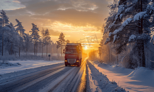 冬天在狭窄的道路上接近卡车